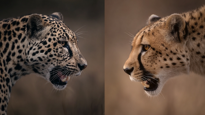 A jaguar and a cheetah facing each other showing differences in skull shape and facial features linked to their evolution