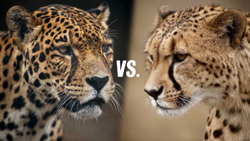 A jaguar and a cheetah facing each other highlighting the difference in head shape, facial markings, and build