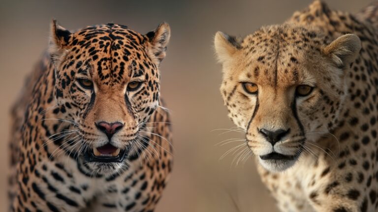 A jaguar and a cheetah standing side by side showing the difference in body build and spot patterns