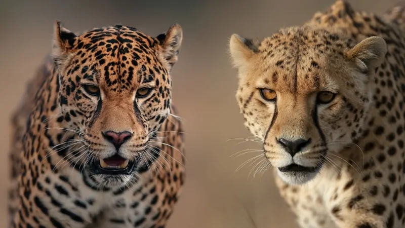 A jaguar and a cheetah standing side by side showing the difference in body build and spot patterns