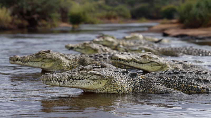A group of Nile crocodiles rests in shallow water