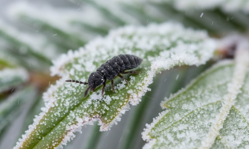 Snow flea on a frozen leaf