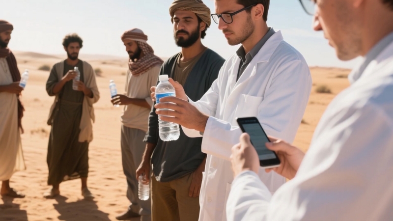 Men in desert clothing and a researcher examine bottled water during a field check in a desert area