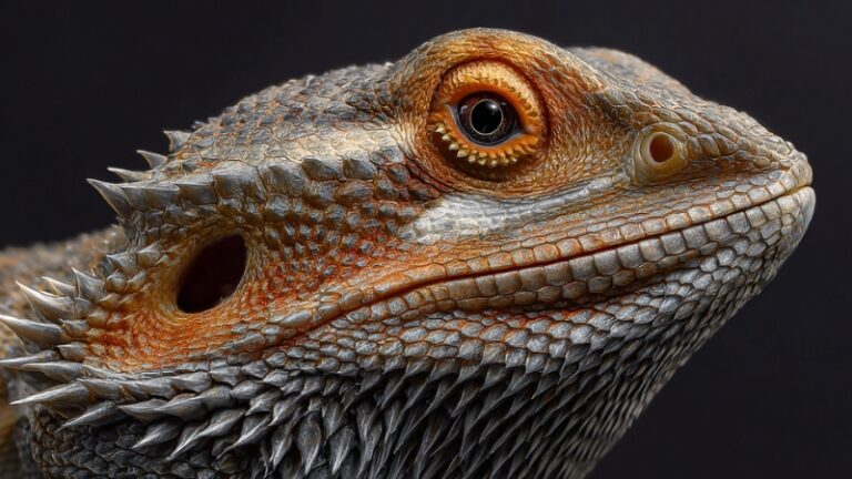 Close-up of a bearded dragon’s head and scales, illustrating awareness of desert reptile diseases in pet care