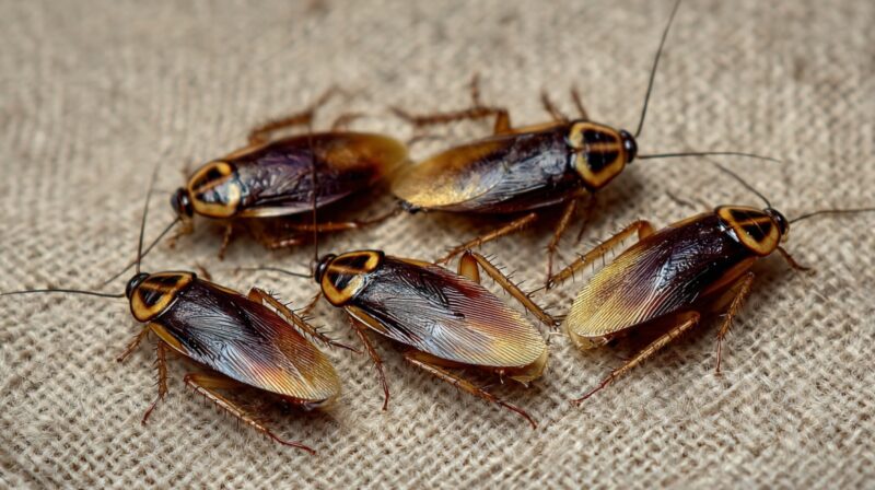 Several cockroaches clustered together on light colored fabric