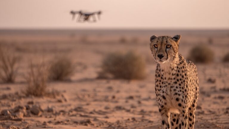Drone flying over desert terrain near one of the Sahara’s endangered cheetahs during monitoring