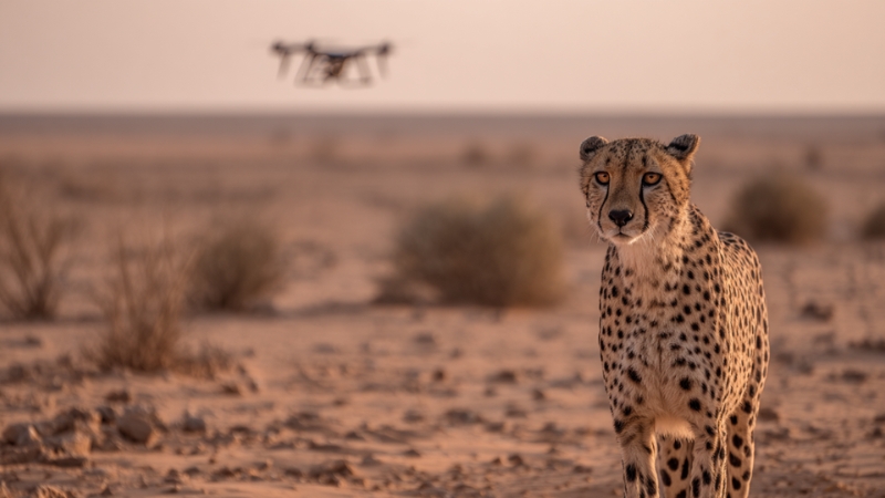 Drone flying over desert terrain near one of the Saharaโs endangered cheetahs during monitoring