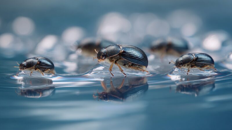 Close-up of several water beetles standing on the surface of water