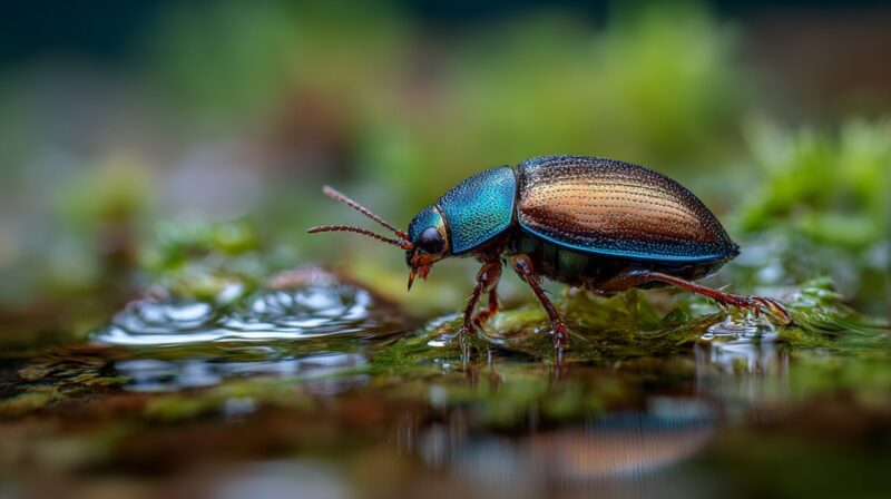 Close-up of a water beetle on moss beside shallow water