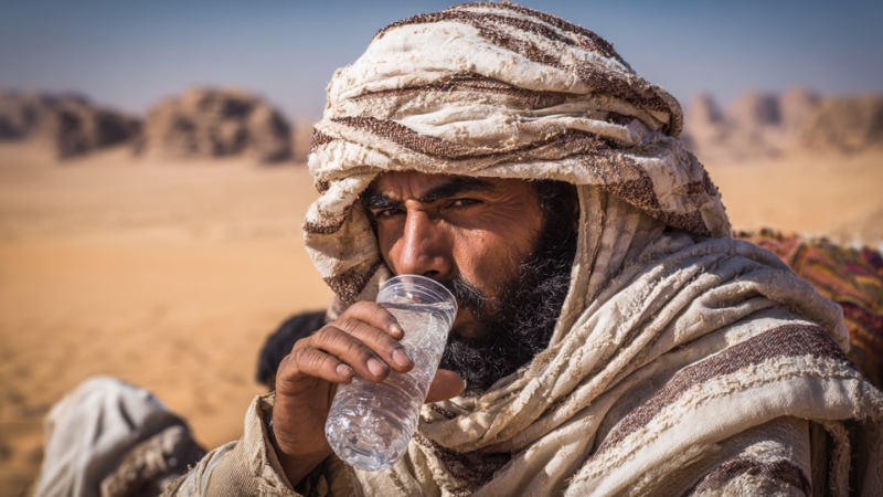 Man in traditional desert clothing drinks water under the sun in a sandy desert landscape