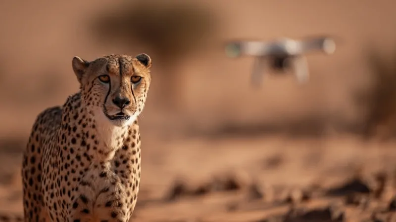 Cheetah in desert landscape with a monitoring drone flying in the background