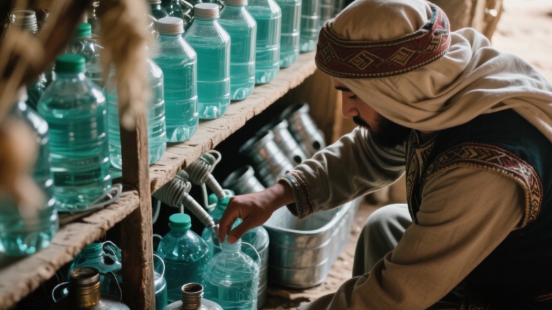 Man in traditional clothing stores water bottles on shelves inside a desert shelter