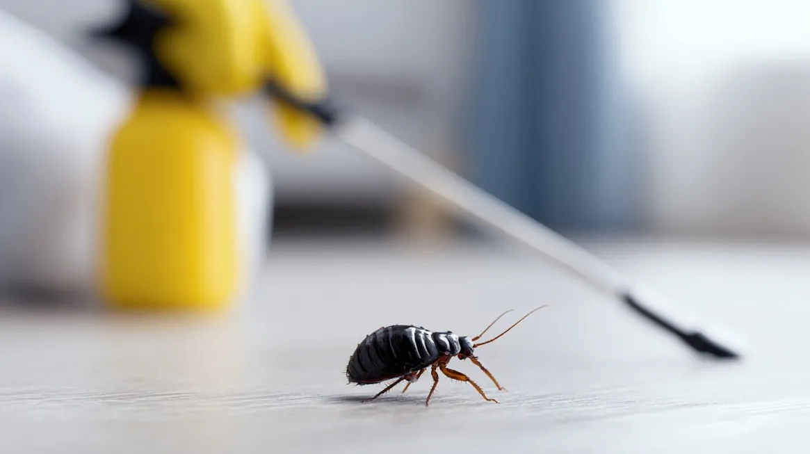 Close-up of a cockroach on an indoor floor near a spray bottle and wand