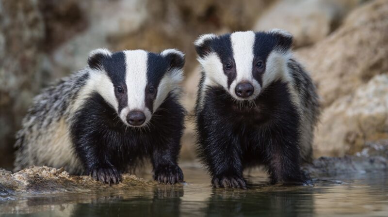 Two honey badgers standing near shallow water with rocky terrain in the background