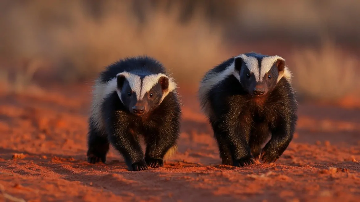 Two honey badgers walking across red dirt terrain at sunset