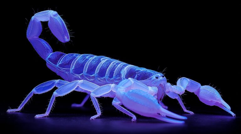 Scorpion glowing bright blue under UV light against a black background