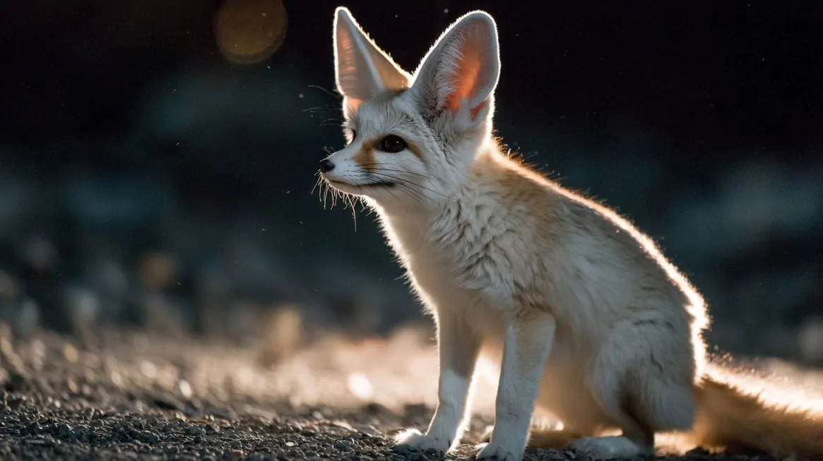 Fennec fox sitting on desert ground at night with large ears illuminated
