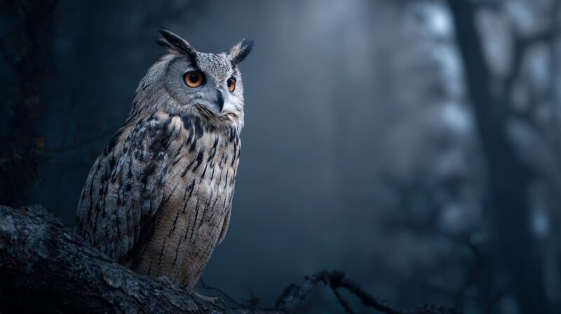 Owl perched on a tree branch at night in a dark forest