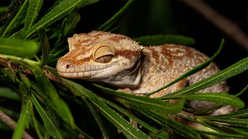 Nocturnal desert gecko resting on a branch with eyes closed
