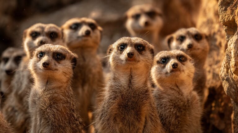 Group of meerkats standing upright close together near rocky terrain, looking alert