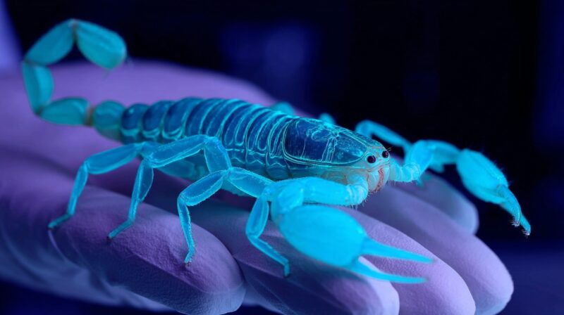 Glowing scorpion under ultraviolet light resting on a gloved hand