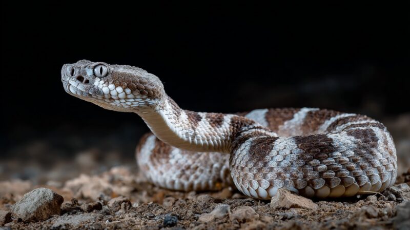 Desert rattlesnake resting on rocky ground at night