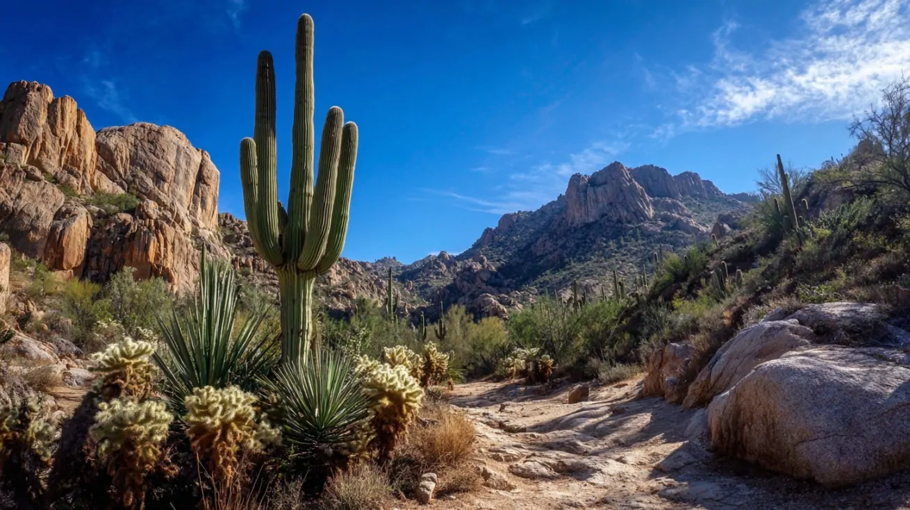 Desert trail with tall saguaro cactus, rocky cliffs, and clear blue sky