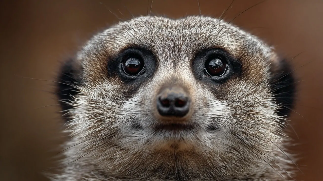Close up portrait of a meerkat’s face with dark eye patches and whiskers clearly visible