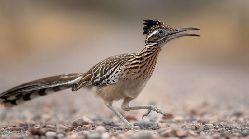 Greater roadrunner standing on rocky desert ground with its crest raised