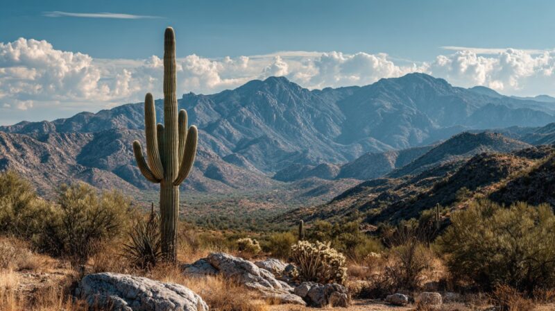 Tall saguaro cactus standing among desert shrubs with mountain range in the background