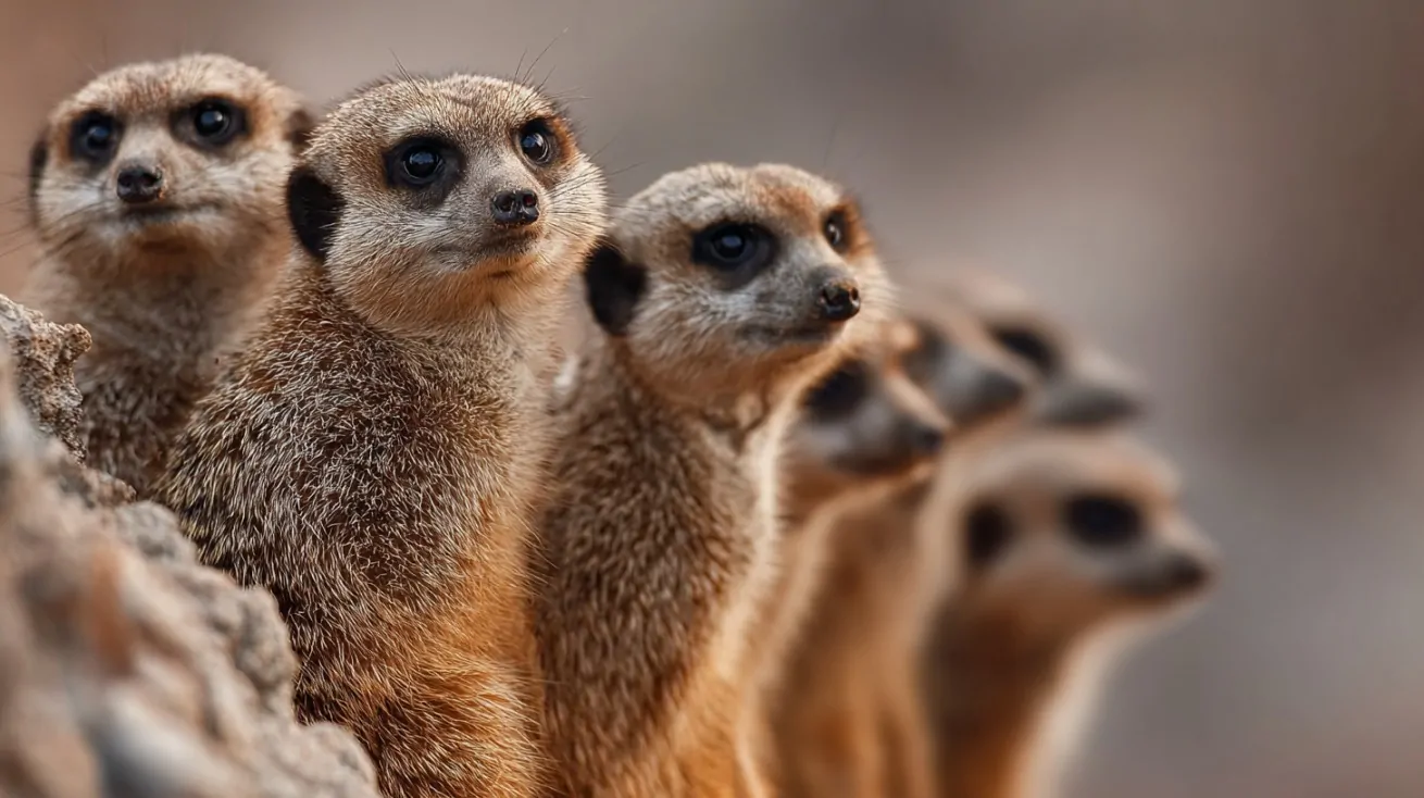 Several meerkats standing upright on rocky ground, alert and looking in the same direction