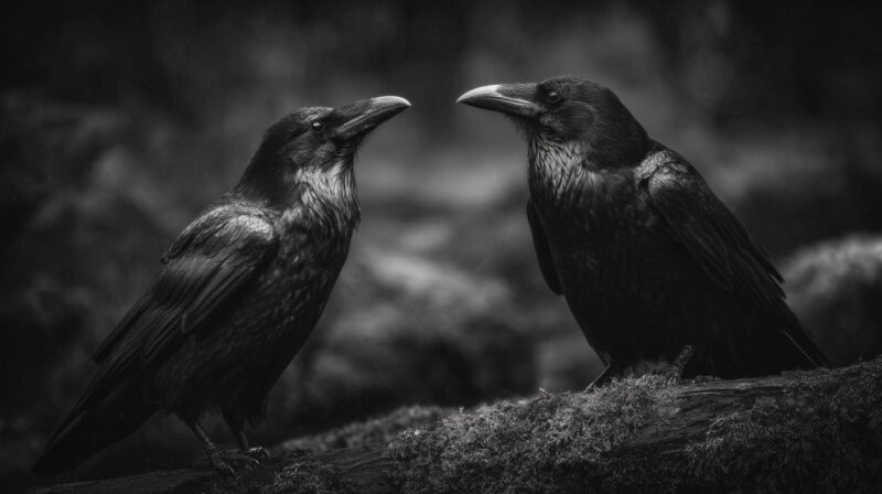 Two dark corvid birds perched on a branch facing each other