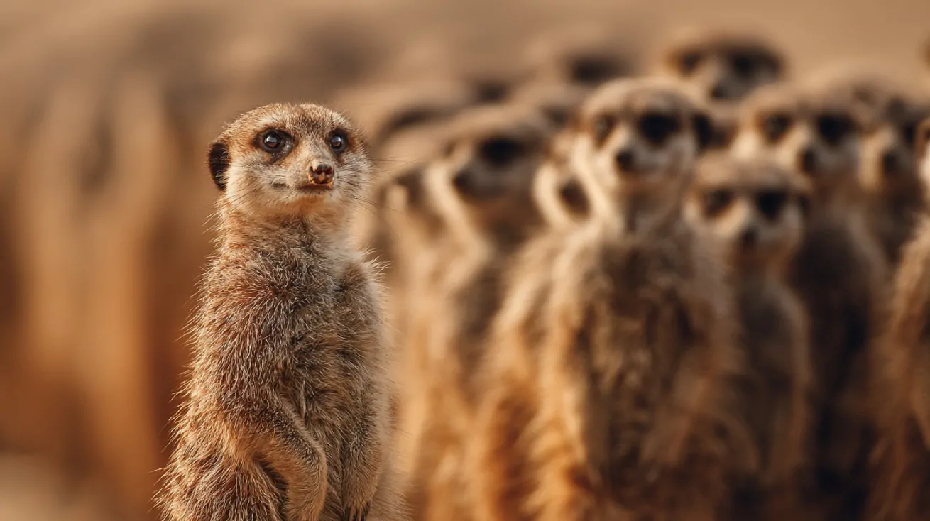A single meerkat standing upright in the foreground with several others blurred in the background in a desert setting