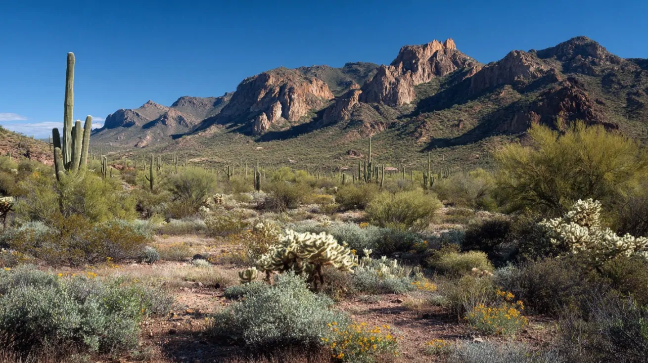 Desert landscape with saguaro cacti, shrubs, and rugged mountains under a clear blue sky