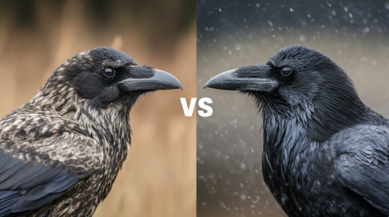 Side-by-side comparison of a raven and a crow facing each other