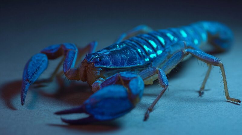 Close up of a scorpion glowing blue under ultraviolet light